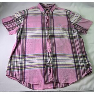 Ralph Lauren Men's 2XL Pink Indian Madras Plaid Short Sleeve Button Down Shirt